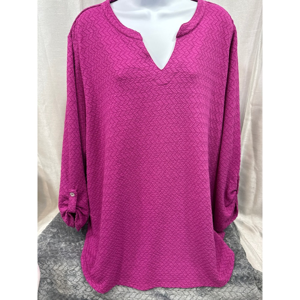 Ruby Rd Woman Magenta Purple Textured Knit Roll Tab Sleeve V-Neck‎ Tunic Top